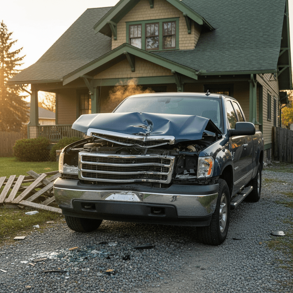 Damaged pickup truck with a dented front end parked in front of a house