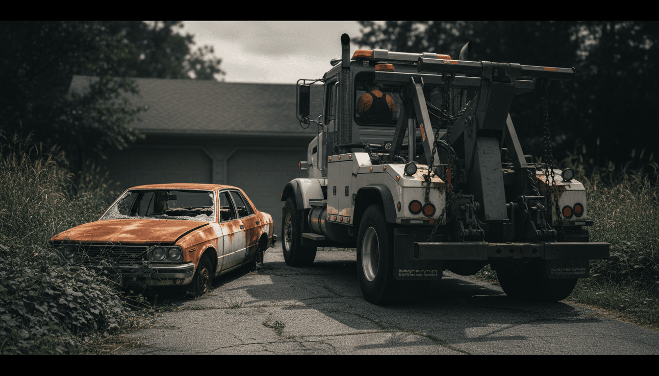 Junk car being towed